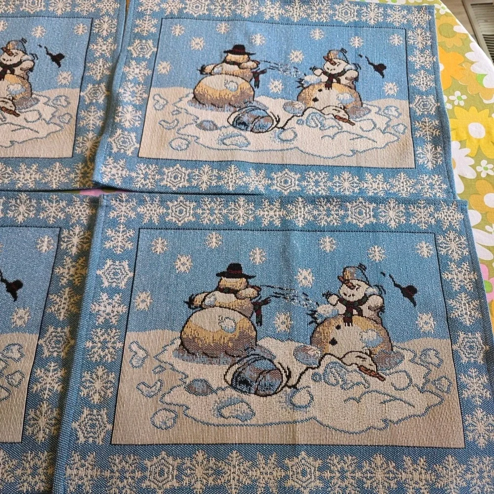 Snowman Snowball Fight Tapestry Placemats Set of 4 Blue Woven Snowflake Border